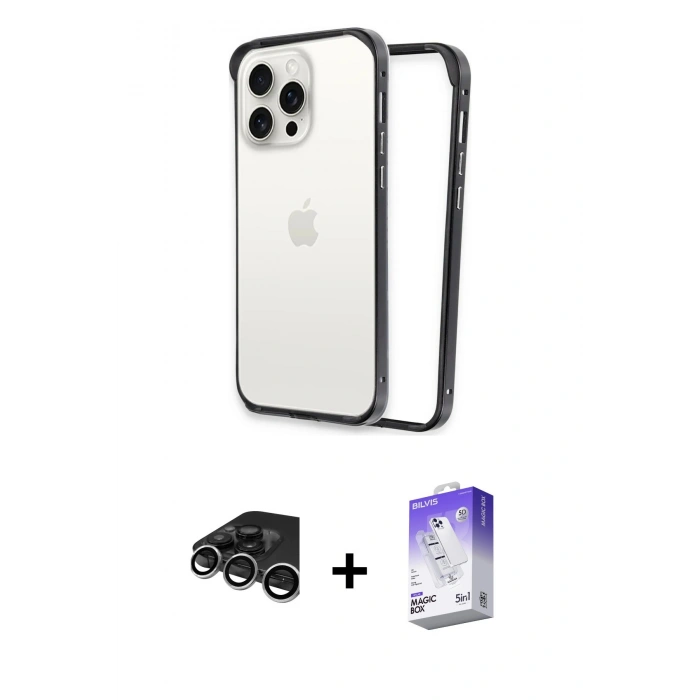 MARSİLYAN™- iPhone 15 Pro Max Kılıf Pusula Asil Koleksiyonu - Siyah Bilvis 5in1 3D Magic Cam Ekran Koruyucu + Gümüş Raze Metal Kamera Lens