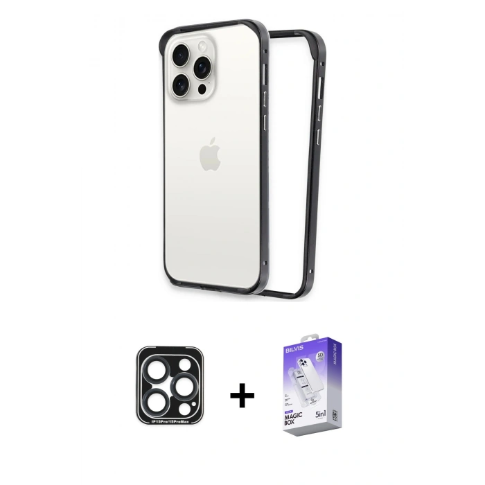 MARSİLYAN™- iPhone 15 Pro Max Kılıf Pusula Asil Koleksiyonu - Siyah Bilvis 5in1 3D Magic Cam Ekran Koruyucu + PVD Metal Kamera Lens - LT