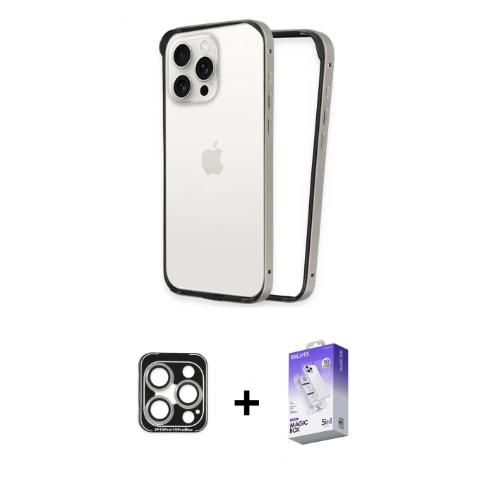 MARSİLYAN™- iPhone 15 Pro Max Kılıf Pusula Asil Koleksiyonu - Siyah Bilvis 5in1 3D Magic Cam Ekran Koruyucu + PVD Metal Kamera Lens - GS