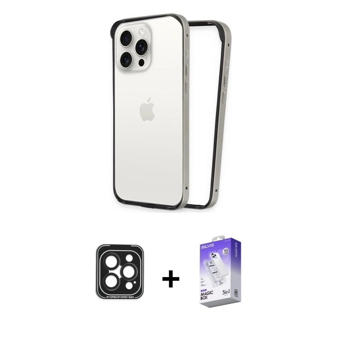 MARSİLYAN™- iPhone 15 Pro Max Kılıf Pusula Asil Koleksiyonu - Siyah Bilvis 5in1 3D Magic Cam Ekran Koruyucu + PVD Metal Kamera Lens - SH