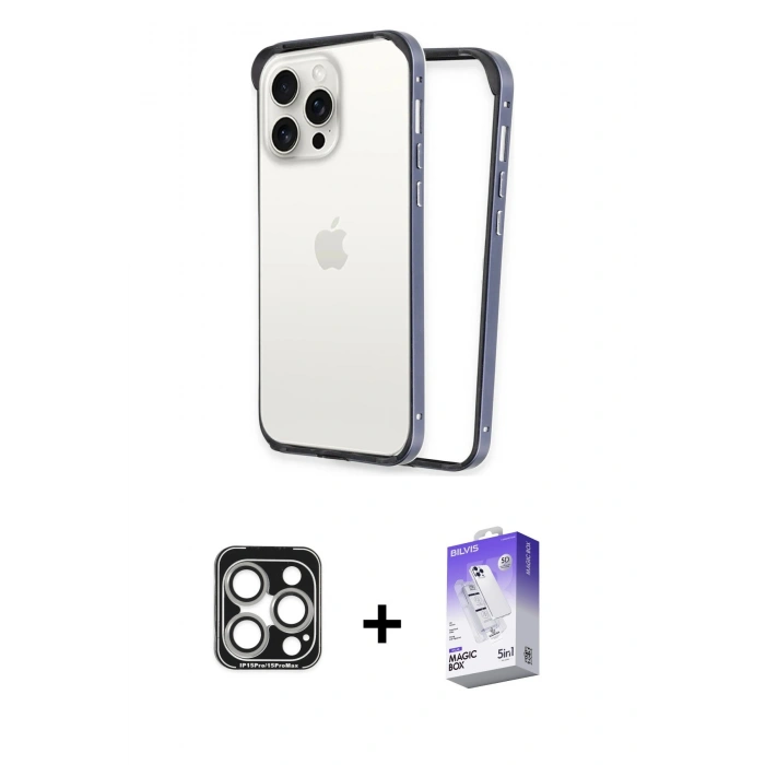 MARSİLYAN™- iPhone 15 Pro Max Kılıf Pusula Asil Koleksiyonu - Siyah Bilvis 5in1 3D Magic Cam Ekran Koruyucu + PVD Metal Kamera Lens - GS
