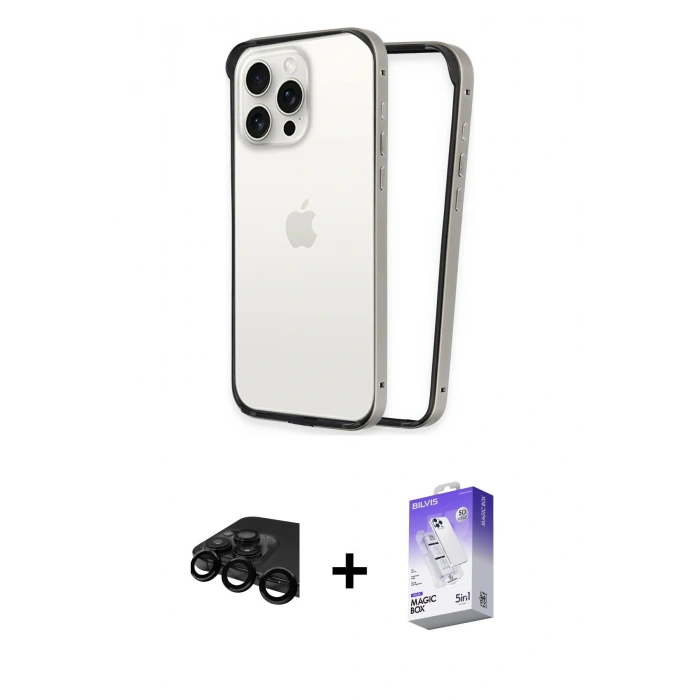 MARSİLYAN™- iPhone 15 Pro Max Kılıf Pusula Asil Koleksiyonu - Siyah Bilvis 5in1 3D Magic Cam Ekran Koruyucu + Raze Metal Kamera Lens - SH