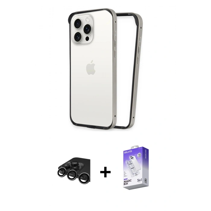 MARSİLYAN™- iPhone 15 Pro Max Kılıf Pusula Asil Koleksiyonu - Siyah Bilvis 5in1 3D Magic Cam Ekran Koruyucu + Raze Metal Kamera Lens - TMGI