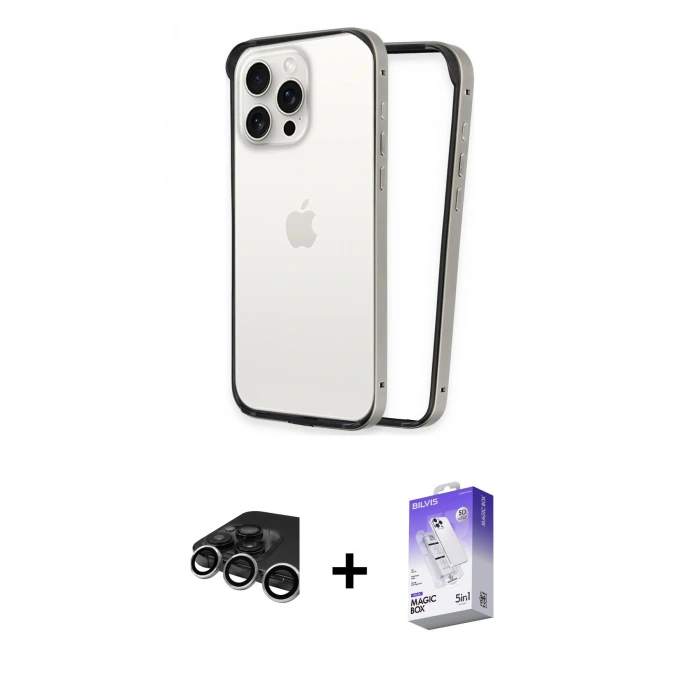 MARSİLYAN™- iPhone 15 Pro Max Kılıf Pusula Asil Koleksiyonu - Siyah Bilvis 5in1 3D Magic Cam Ekran Koruyucu + Gümüş Raze Metal Kamera Lens