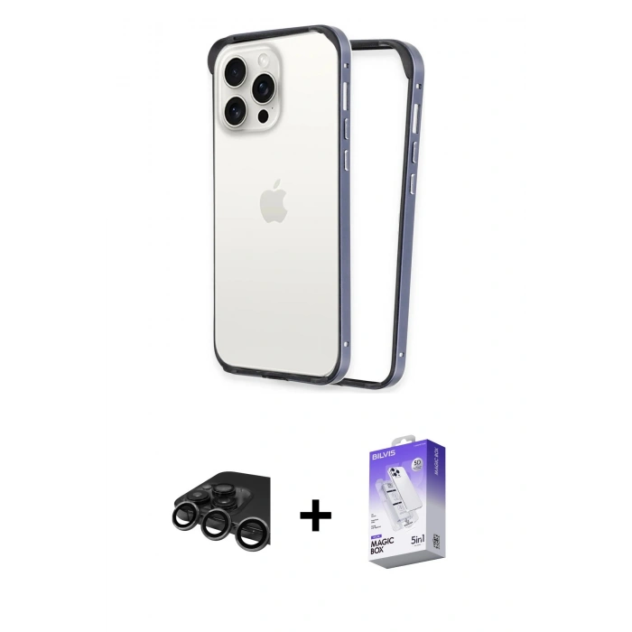 MARSİLYAN™- iPhone 15 Pro Max Kılıf Pusula Asil Koleksiyonu - Siyah Bilvis 5in1 3D Magic Cam Ekran Koruyucu + Raze Metal Kamera Lens - TMGI