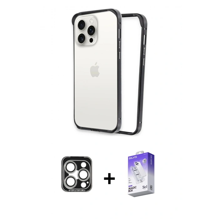 MARSİLYAN™- iPhone 15 Pro Max Kılıf Pusula Asil Koleksiyonu - Siyah Bilvis 5in1 3D Magic Cam Ekran Koruyucu + PVD Metal Kamera Lens - GS