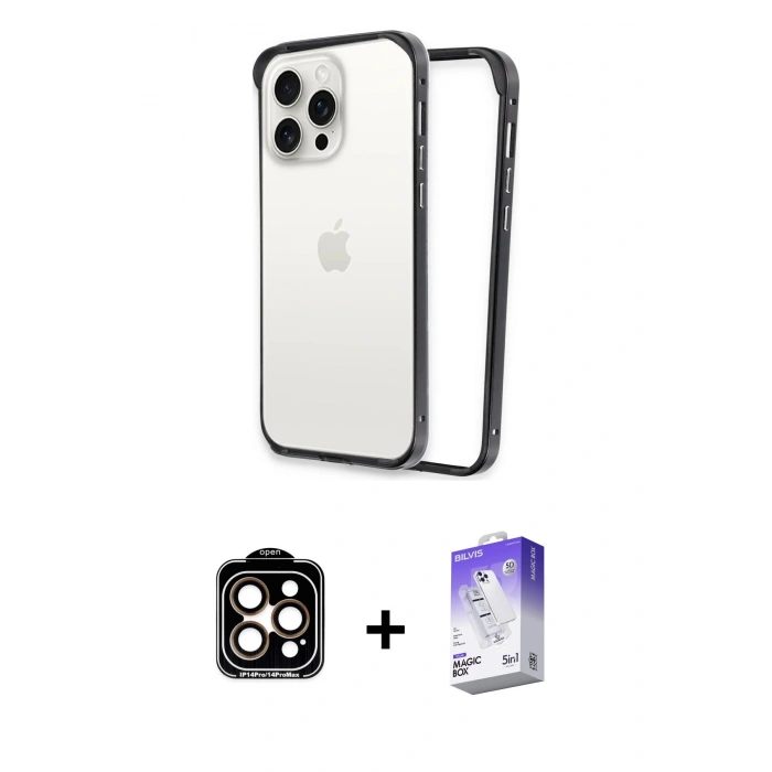 MARSİLYAN™- iPhone 15 Pro Max Kılıf Pusula Asil Koleksiyonu - Siyah Bilvis 5in1 3D Magic Cam Ekran Koruyucu + PVD Metal Kamera Lens - TU