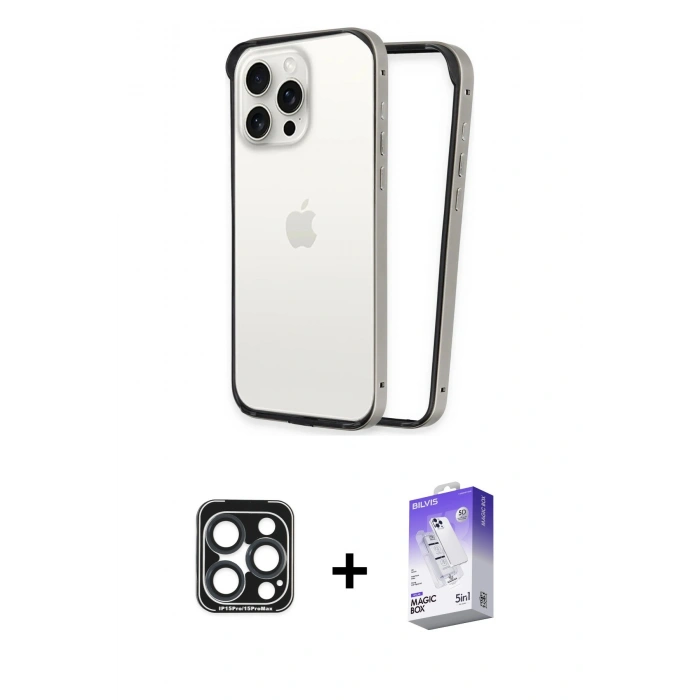 MARSİLYAN™- iPhone 15 Pro Max Kılıf Pusula Asil Koleksiyonu - Siyah Bilvis 5in1 3D Magic Cam Ekran Koruyucu + PVD Metal Kamera Lens - LT