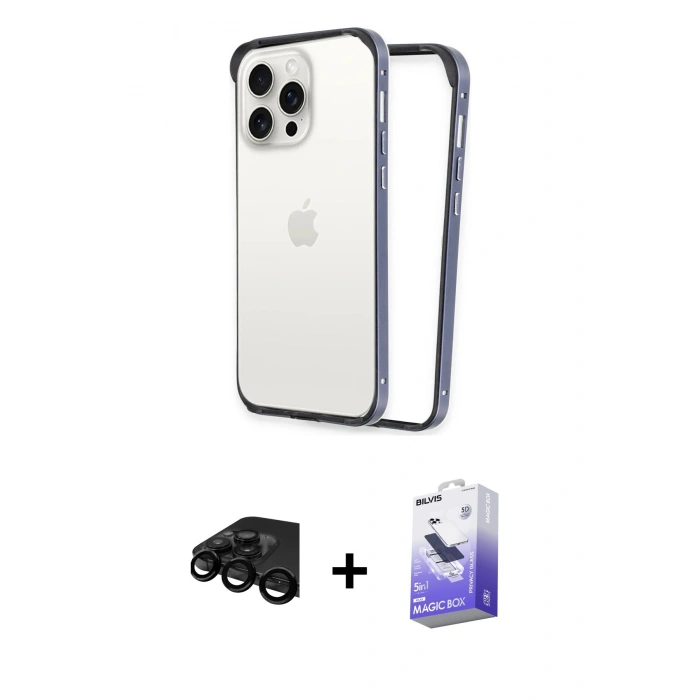 MARSİLYAN™- iPhone 15 Pro Max Kılıf Pusula Asil Koleksiyonu - Siyah Bilvis 5in1 5D Magic Hayalet Cam Ekran Koruyucu + Raze Metal Kamera Lens - SH