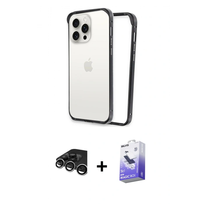 MARSİLYAN™- iPhone 15 Pro Max Kılıf Pusula Asil Koleksiyonu - Siyah Bilvis 5in1 5D Magic Hayalet Cam Ekran Koruyucu + Gümüş Raze Metal Kamera Lens