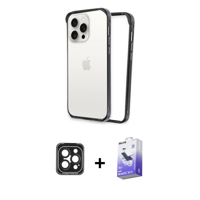 MARSİLYAN™- iPhone 15 Pro Max Kılıf Pusula Asil Koleksiyonu - Siyah Bilvis 5in1 5D Magic Hayalet Cam Ekran Koruyucu + PVD Metal Kamera Lens - SH