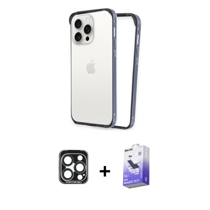 MARSİLYAN™- iPhone 15 Pro Max Kılıf Pusula Asil Koleksiyonu - Siyah Bilvis 5in1 5D Magic Hayalet Cam Ekran Koruyucu + PVD Metal Kamera Lens - LT