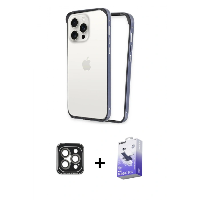 MARSİLYAN™- iPhone 15 Pro Max Kılıf Pusula Asil Koleksiyonu - Siyah Bilvis 5in1 5D Magic Hayalet Cam Ekran Koruyucu + PVD Metal Kamera Lens - GI