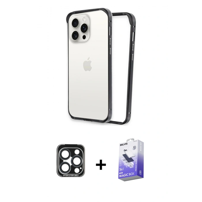 MARSİLYAN™- iPhone 15 Pro Max Kılıf Pusula Asil Koleksiyonu - Siyah Bilvis 5in1 5D Magic Hayalet Cam Ekran Koruyucu + PVD Metal Kamera Lens - LT