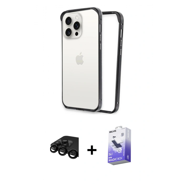 MARSİLYAN™- iPhone 15 Pro Max Kılıf Pusula Asil Koleksiyonu - Siyah Bilvis 5in1 5D Magic Hayalet Cam Ekran Koruyucu + Raze Metal Kamera Lens - SH