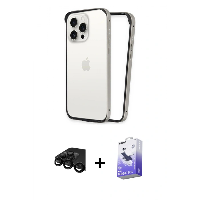 MARSİLYAN™- iPhone 15 Pro Max Kılıf Pusula Asil Koleksiyonu - Siyah Bilvis 5in1 5D Magic Hayalet Cam Ekran Koruyucu + Raze Metal Kamera Lens - SH