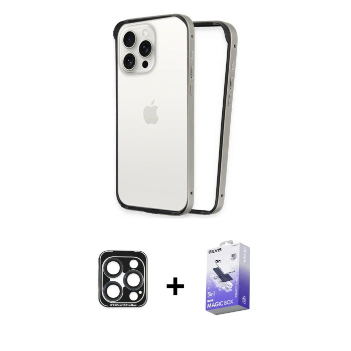 MARSİLYAN™- iPhone 15 Pro Max Kılıf Pusula Asil Koleksiyonu - Siyah Bilvis 5in1 5D Magic Hayalet Cam Ekran Koruyucu + PVD Metal Kamera Lens - LT