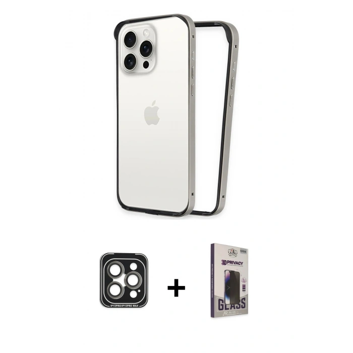 MARSİLYAN™- iPhone 15 Pro Max Kılıf Pusula Asil Koleksiyonu - Siyah Bilvis Hayalet Cam Ekran Koruyucu + PVD Metal Kamera Lens - GI