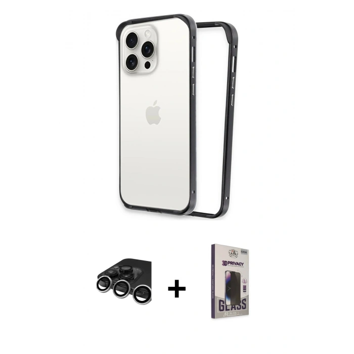 MARSİLYAN™- iPhone 15 Pro Max Kılıf Pusula Asil Koleksiyonu - Siyah Bilvis Hayalet Cam Ekran Koruyucu + Raze Metal Kamera Lens - GS