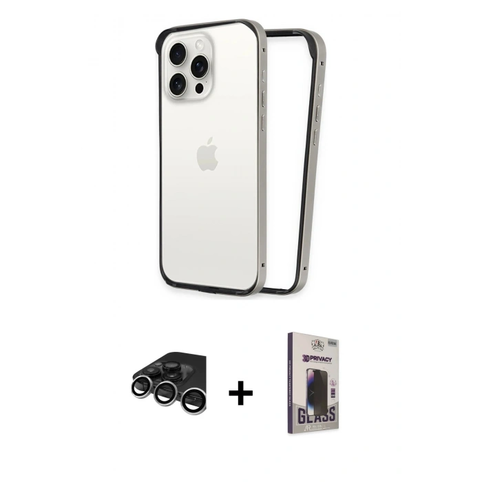 MARSİLYAN™- iPhone 15 Pro Max Kılıf Pusula Asil Koleksiyonu - Siyah Bilvis Hayalet Cam Ekran Koruyucu + Raze Metal Kamera Lens - GS