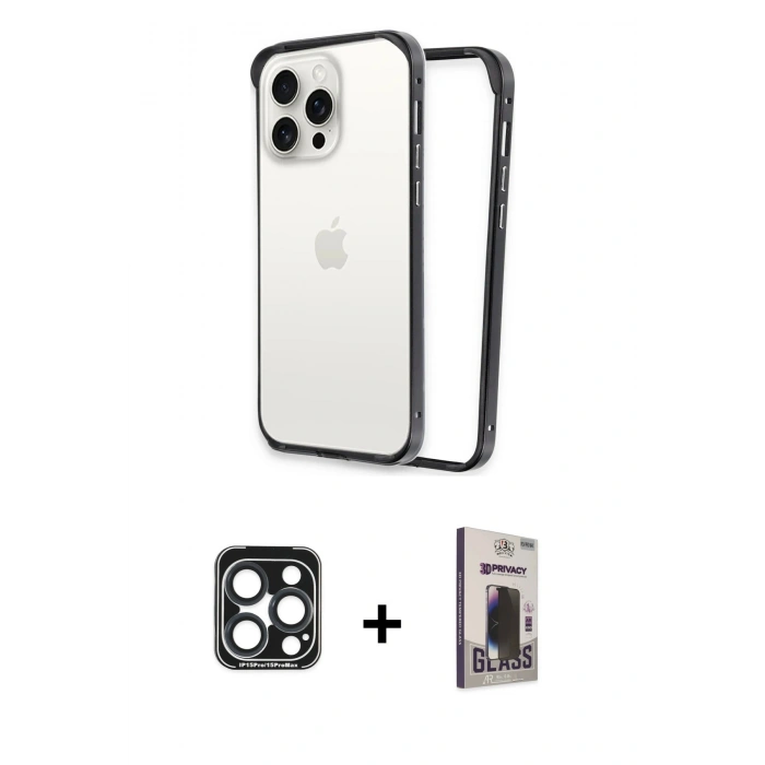 MARSİLYAN™- iPhone 15 Pro Max Kılıf Pusula Asil Koleksiyonu - Siyah Bilvis Hayalet Cam Ekran Koruyucu + PVD Metal Kamera Lens - LT