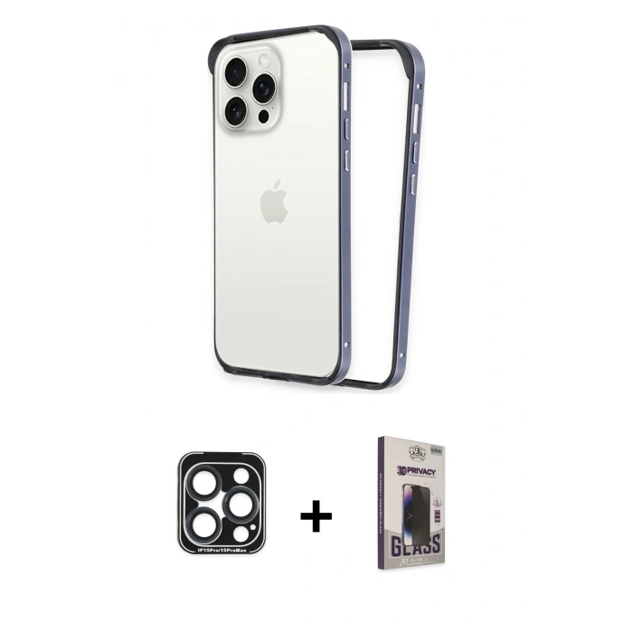 MARSİLYAN™- iPhone 15 Pro Max Kılıf Pusula Asil Koleksiyonu - Siyah Bilvis Hayalet Cam Ekran Koruyucu + PVD Metal Kamera Lens - LT