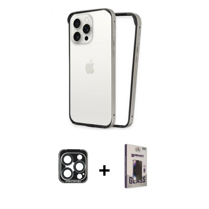 MARSİLYAN™- iPhone 15 Pro Max Kılıf Pusula Asil Koleksiyonu - Siyah Bilvis Hayalet Cam Ekran Koruyucu + PVD Metal Kamera Lens - LT