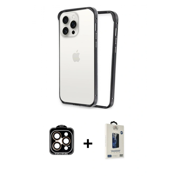 MARSİLYAN™- iPhone 15 Pro Max Kılıf Pusula Asil Koleksiyonu - Siyah Bilvis Hayalet Cam Ekran Koruyucu + PVD Metal Kamera Lens - TU
