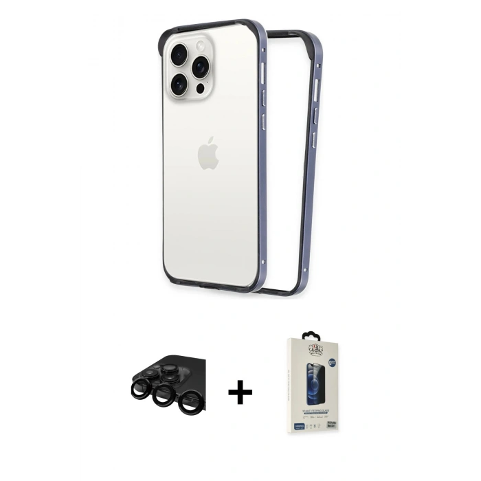 MARSİLYAN™- iPhone 15 Pro Max Kılıf Pusula Asil Koleksiyonu - Siyah Bilvis Hayalet Cam Ekran Koruyucu + Raze Metal Kamera Lens - SH