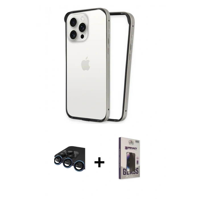 MARSİLYAN™- iPhone 15 Pro Max Kılıf Pusula Asil Koleksiyonu - Siyah Bilvis Hayalet Cam Ekran Koruyucu + Raze Metal Kamera Lens - LT