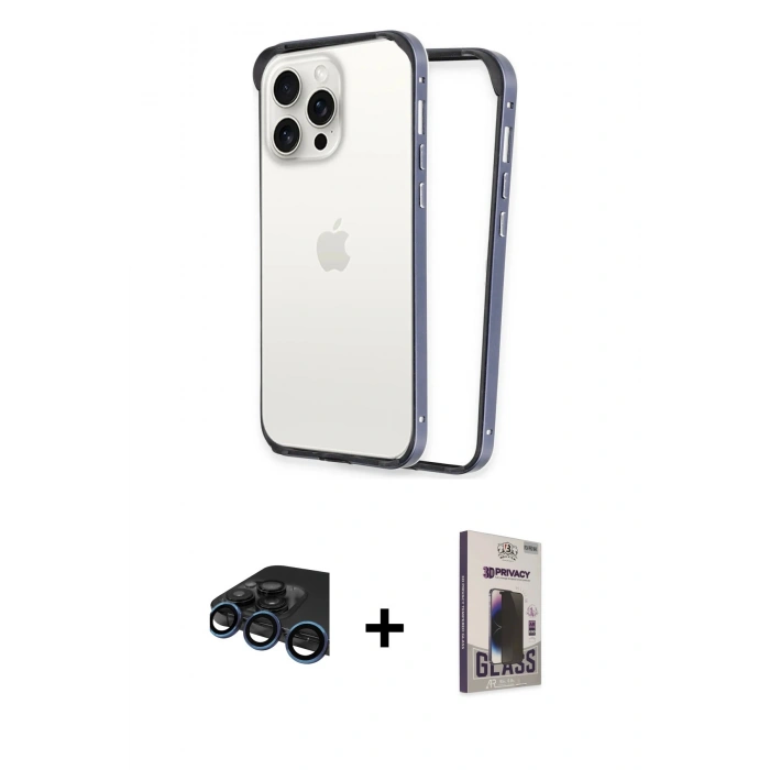 MARSİLYAN™- iPhone 15 Pro Max Kılıf Pusula Asil Koleksiyonu - Siyah Bilvis Hayalet Cam Ekran Koruyucu + Raze Metal Kamera Lens - LT