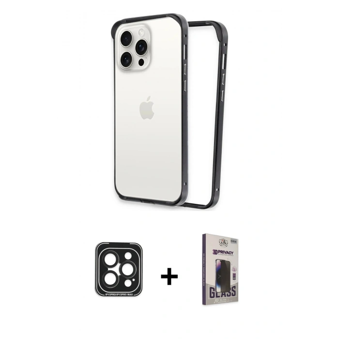 MARSİLYAN™- iPhone 15 Pro Max Kılıf Pusula Asil Koleksiyonu - Siyah Bilvis Hayalet Cam Ekran Koruyucu + PVD Metal Kamera Lens - SH