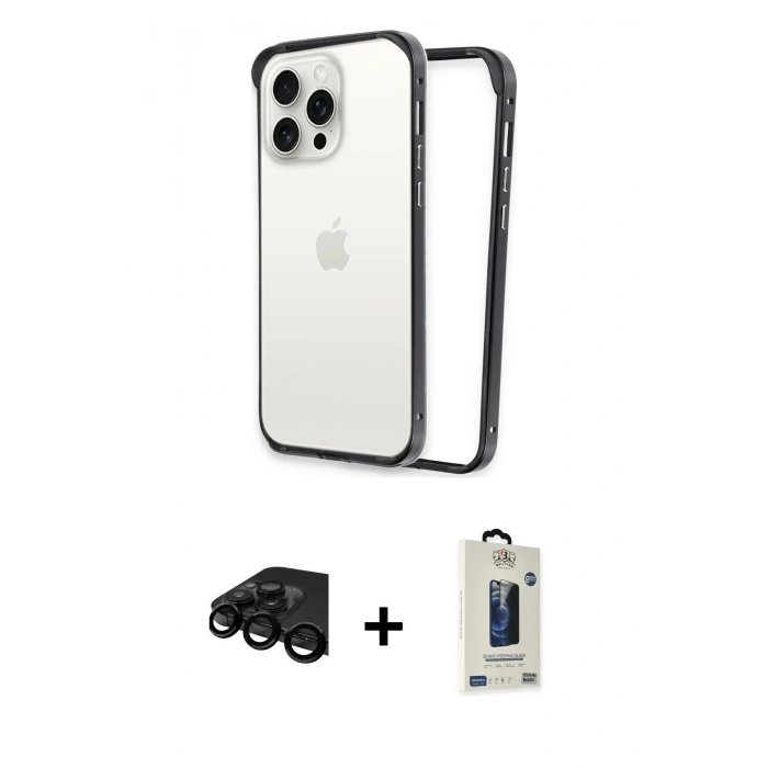 MARSİLYAN™- iPhone 15 Pro Max Kılıf Pusula Asil Koleksiyonu - Siyah Bilvis Hayalet Cam Ekran Koruyucu + Raze Metal Kamera Lens - SH
