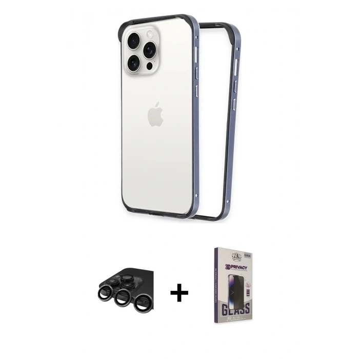 MARSİLYAN™- iPhone 15 Pro Max Kılıf Pusula Asil Koleksiyonu - Siyah Bilvis Hayalet Cam Ekran Koruyucu + Raze Metal Kamera Lens - TMGI