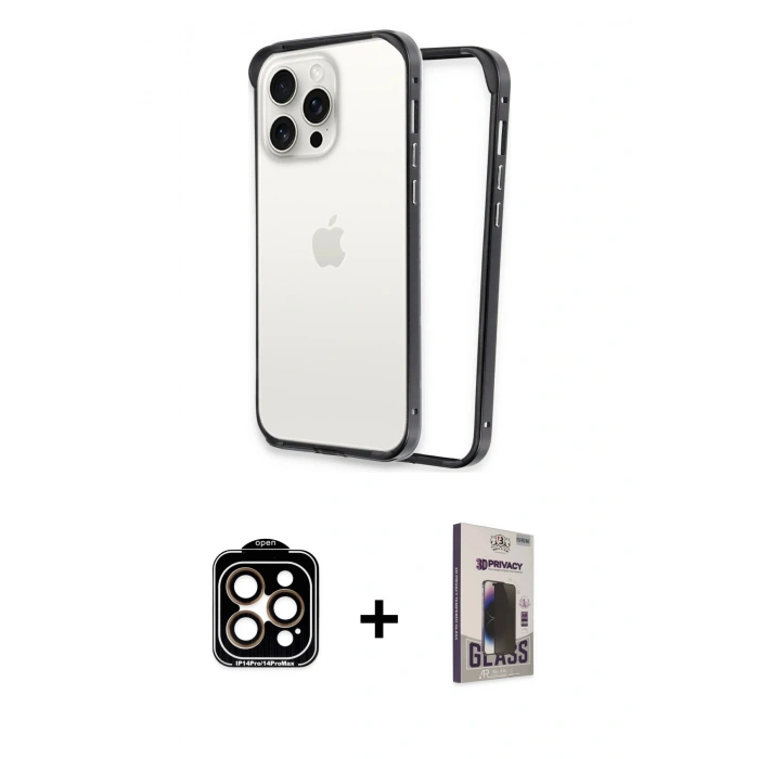 MARSİLYAN™- iPhone 15 Pro Max Kılıf Pusula Asil Koleksiyonu - Siyah Bilvis Hayalet Cam Ekran Koruyucu + Turuncu PVD Metal Kamera Lens
