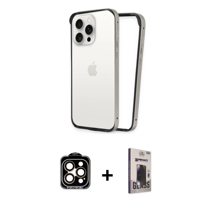 MARSİLYAN™- iPhone 15 Pro Max Kılıf Pusula Asil Koleksiyonu - Siyah Bilvis Hayalet Cam Ekran Koruyucu + Turuncu PVD Metal Kamera Lens