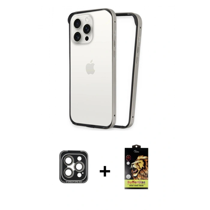 MARSİLYAN™- iPhone 15 Pro Max Kılıf Pusula Asil Koleksiyonu - Siyah Buffer Cam Ekran Koruyucu + PVD Metal Kamera Lens - GI