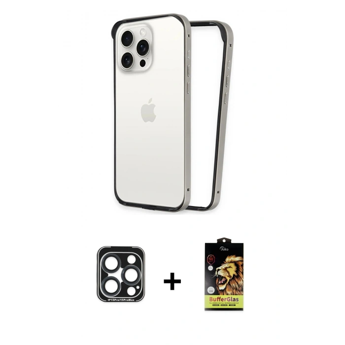 MARSİLYAN™- iPhone 15 Pro Max Kılıf Pusula Asil Koleksiyonu - Siyah Buffer Cam Ekran Koruyucu + PVD Metal Kamera Lens - LT