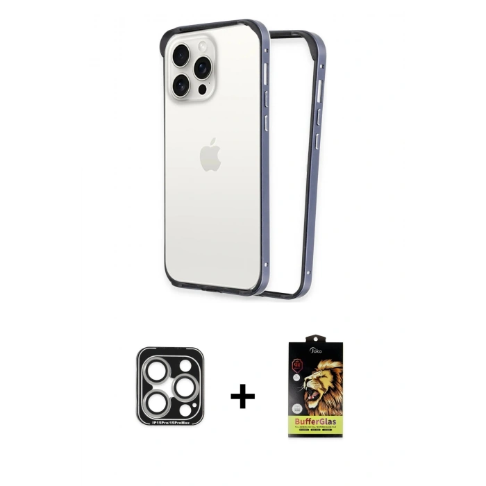 MARSİLYAN™- iPhone 15 Pro Max Kılıf Pusula Asil Koleksiyonu - Siyah Buffer Cam Ekran Koruyucu + PVD Metal Kamera Lens - GS