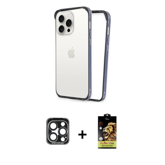 MARSİLYAN™- iPhone 15 Pro Max Kılıf Pusula Asil Koleksiyonu - Siyah Buffer Cam Ekran Koruyucu + PVD Metal Kamera Lens - LT