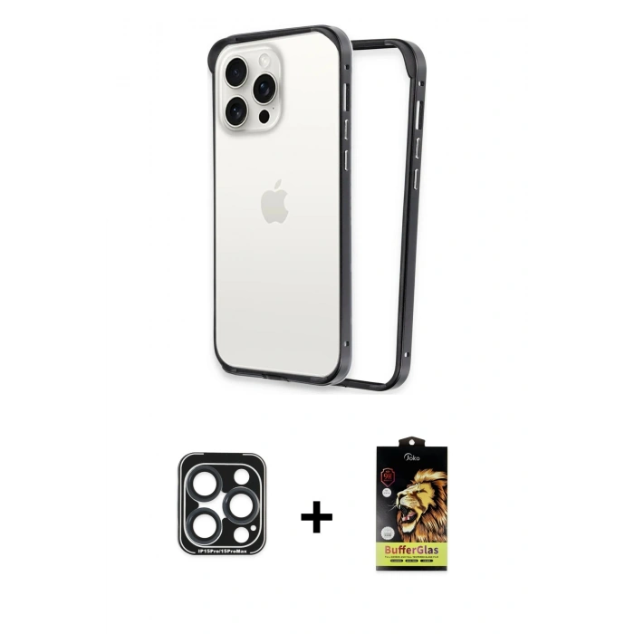 MARSİLYAN™- iPhone 15 Pro Max Kılıf Pusula Asil Koleksiyonu - Siyah Buffer Cam Ekran Koruyucu + PVD Metal Kamera Lens - LT