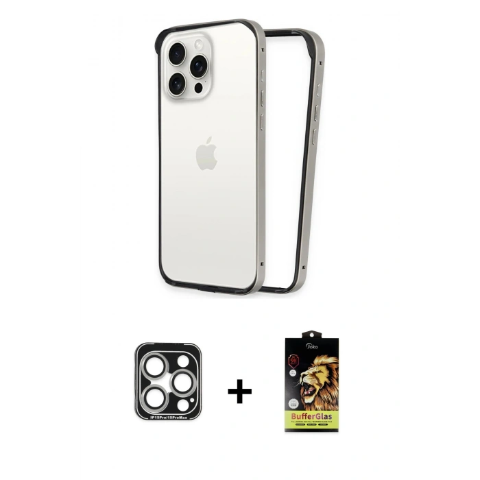 MARSİLYAN™- iPhone 15 Pro Max Kılıf Pusula Asil Koleksiyonu - Siyah Buffer Cam Ekran Koruyucu + PVD Metal Kamera Lens - GS
