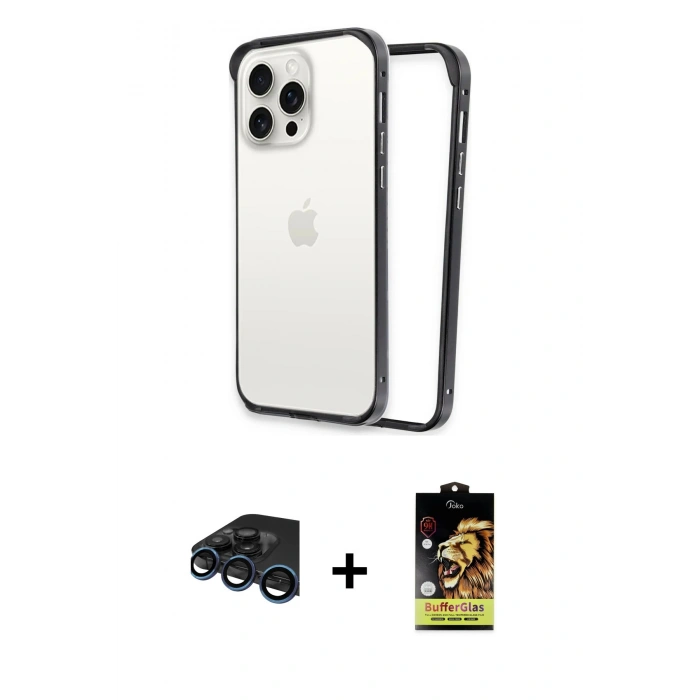 MARSİLYAN™- iPhone 15 Pro Max Kılıf Pusula Asil Koleksiyonu - Siyah Buffer Cam Ekran Koruyucu + Raze Metal Kamera Lens - LT