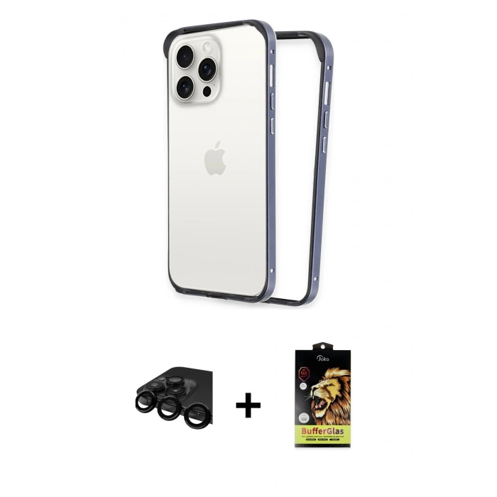 MARSİLYAN™- iPhone 15 Pro Max Kılıf Pusula Asil Koleksiyonu - Siyah Buffer Cam Ekran Koruyucu + Raze Metal Kamera Lens - SH