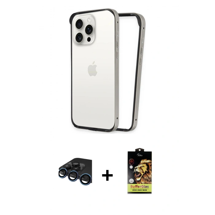 MARSİLYAN™- iPhone 15 Pro Max Kılıf Pusula Asil Koleksiyonu - Siyah Buffer Cam Ekran Koruyucu + Raze Metal Kamera Lens - LT