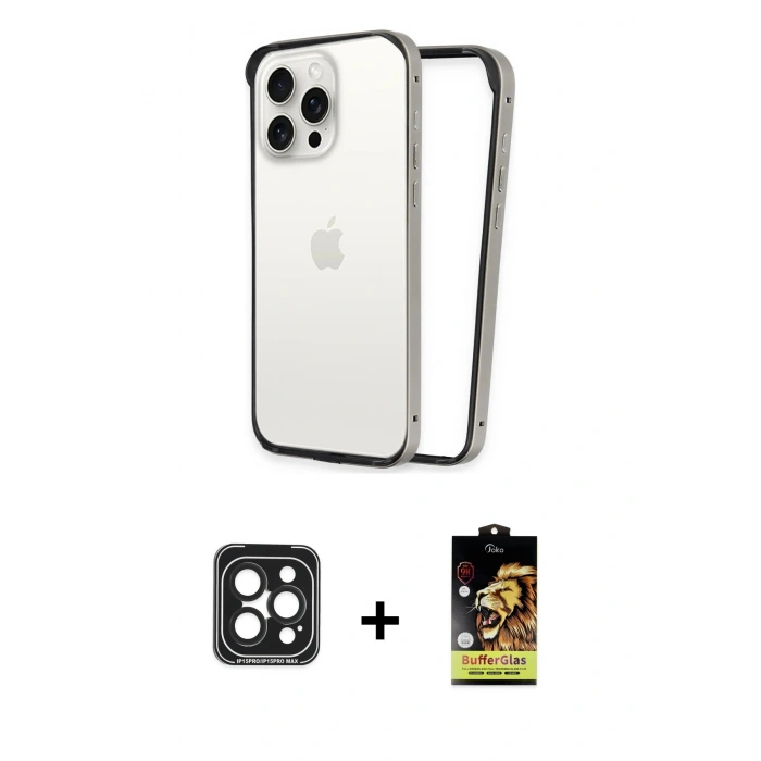 MARSİLYAN™- iPhone 15 Pro Max Kılıf Pusula Asil Koleksiyonu - Siyah Buffer Cam Ekran Koruyucu + Siyah PVD Metal Kamera Lens