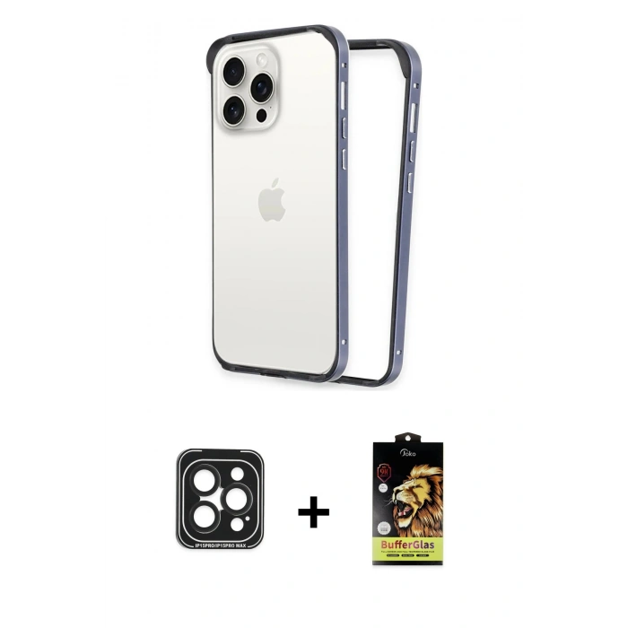 MARSİLYAN™- iPhone 15 Pro Max Kılıf Pusula Asil Koleksiyonu - Siyah Buffer Cam Ekran Koruyucu + Siyah PVD Metal Kamera Lens