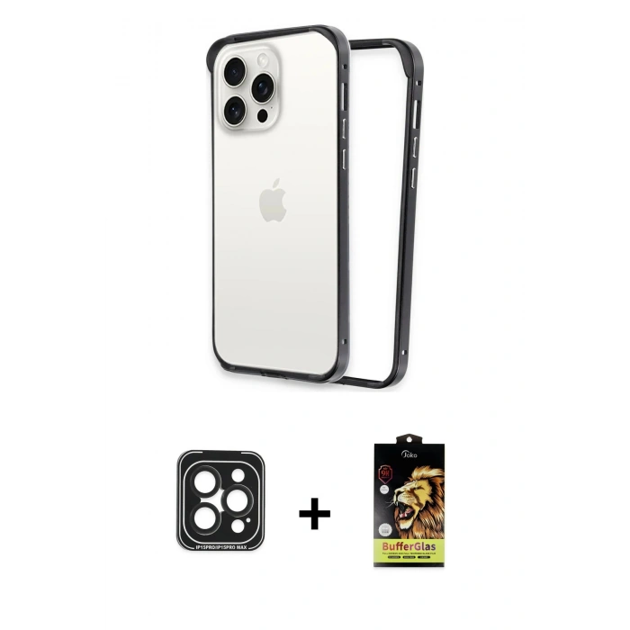 MARSİLYAN™- iPhone 15 Pro Max Kılıf Pusula Asil Koleksiyonu - Siyah Buffer Cam Ekran Koruyucu + Siyah PVD Metal Kamera Lens