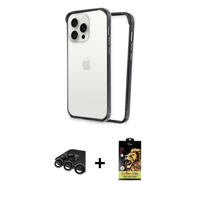 MARSİLYAN™- iPhone 15 Pro Max Kılıf Pusula Asil Koleksiyonu - Siyah Buffer Cam Ekran Koruyucu + Titanyum Gri Raze Metal Kamera Lens