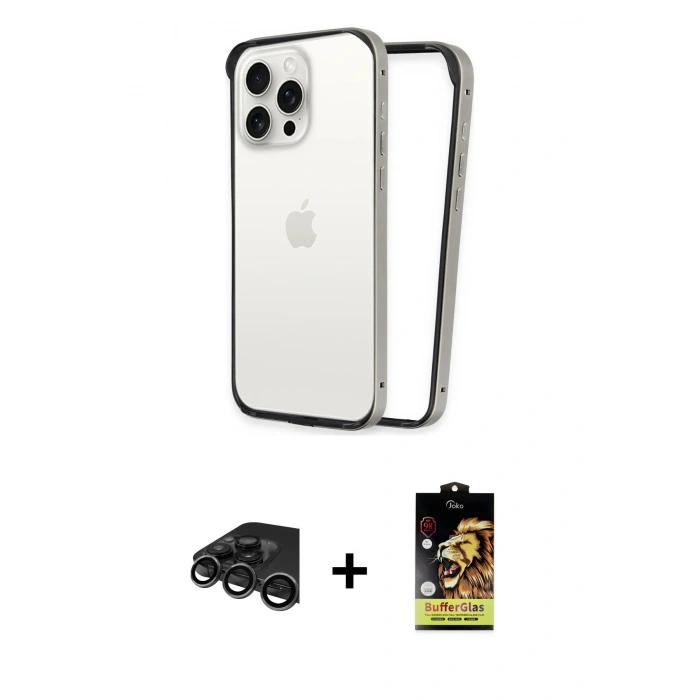 MARSİLYAN™- iPhone 15 Pro Max Kılıf Pusula Asil Koleksiyonu - Siyah Buffer Cam Ekran Koruyucu + Titanyum Gri Raze Metal Kamera Lens